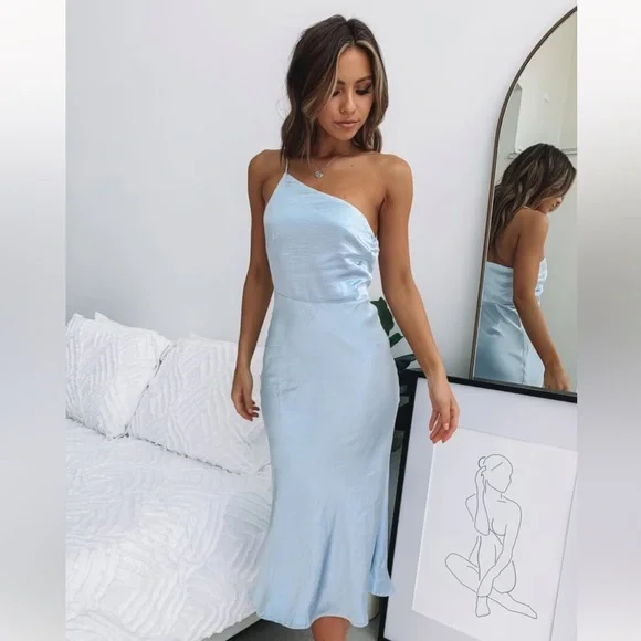Baby Blue Statin Asymmetrical Dress!